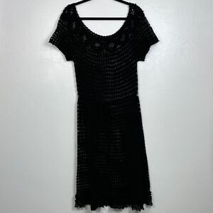 Black Open Knit Vintage Short Sleeve Scoop Neck Midi Dress Size L